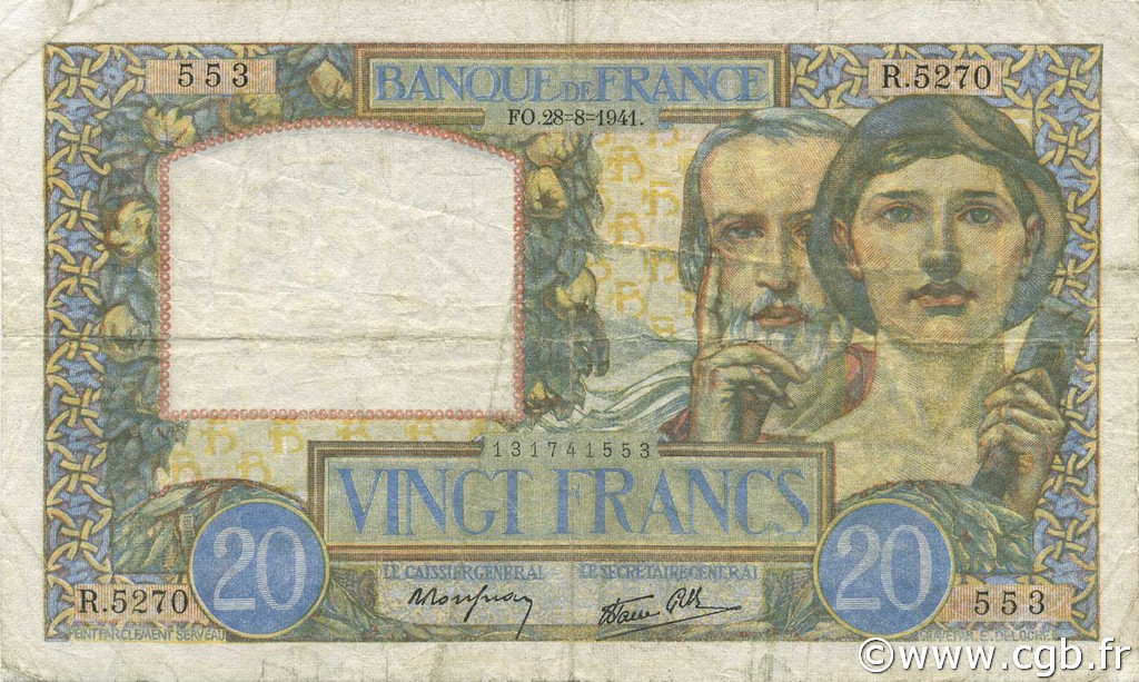20 Francs TRAVAIL ET SCIENCE FRANCE  1941 F.12.17 VF-
