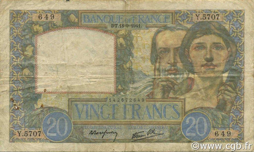 20 Francs TRAVAIL ET SCIENCE FRANKREICH  1941 F.12.18 fS