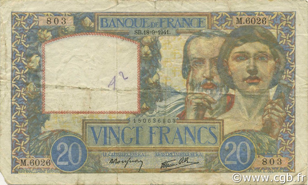 20 Francs TRAVAIL ET SCIENCE FRANKREICH  1941 F.12.18 S