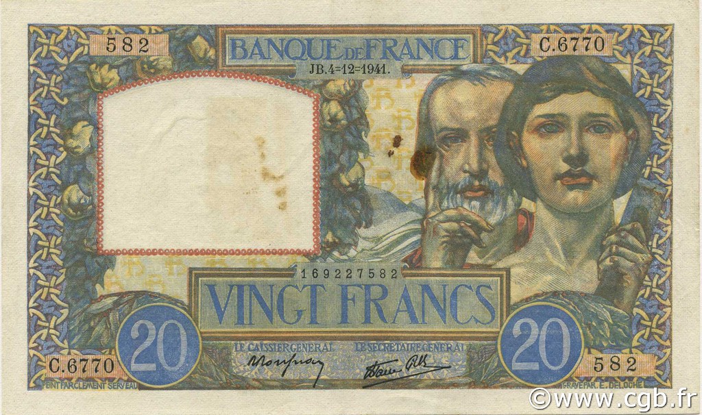 20 Francs TRAVAIL ET SCIENCE FRANCE  1941 F.12.20 SUP+