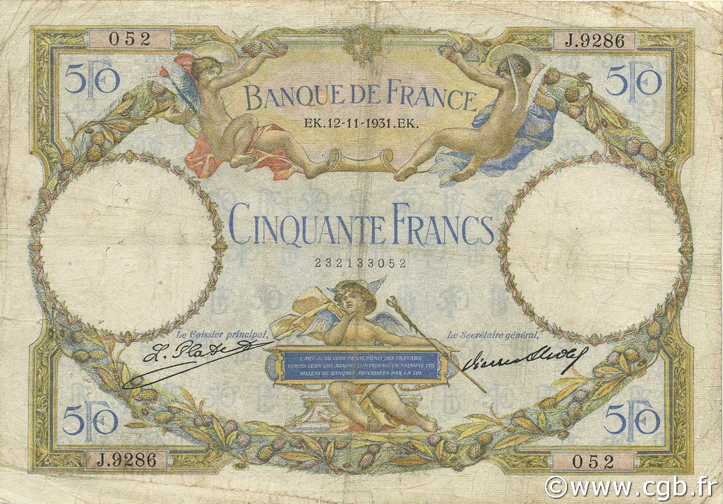 50 Francs LUC OLIVIER MERSON type modifié FRANCE  1931 F.16.02 VG