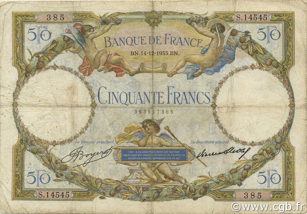50 Francs LUC OLIVIER MERSON type modifié FRANCE  1933 F.16.04 VG