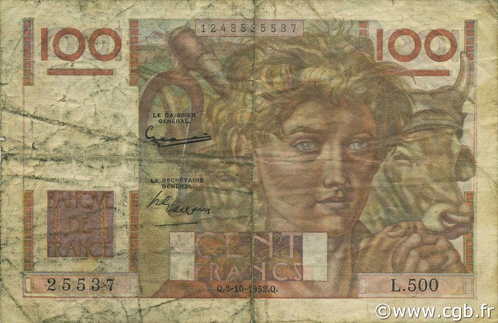 100 Francs JEUNE PAYSAN filigrane inversé FRANCE  1952 F.28bis.01 G