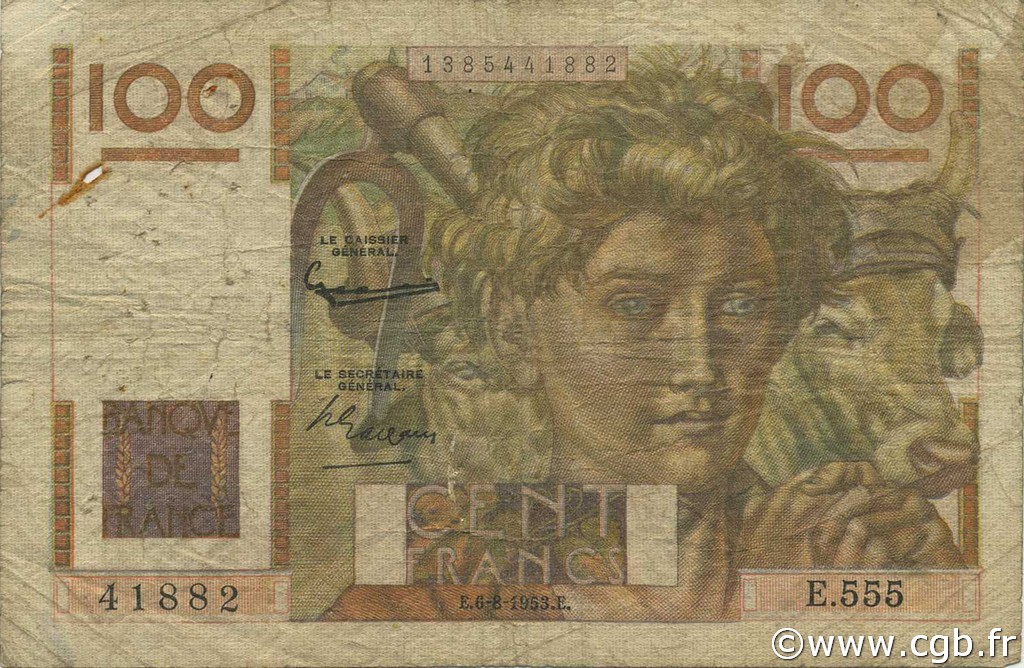 100 Francs JEUNE PAYSAN filigrane inversé FRANKREICH  1953 F.28bis.02 SGE
