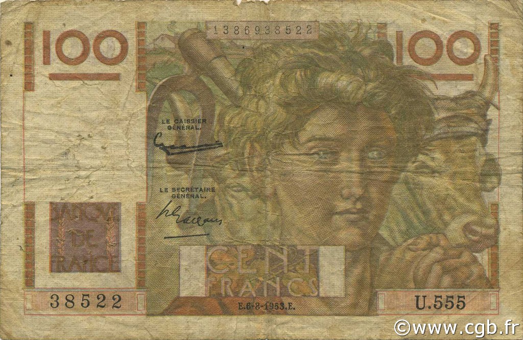 100 Francs JEUNE PAYSAN filigrane inversé FRANKREICH  1953 F.28bis.02 SGE