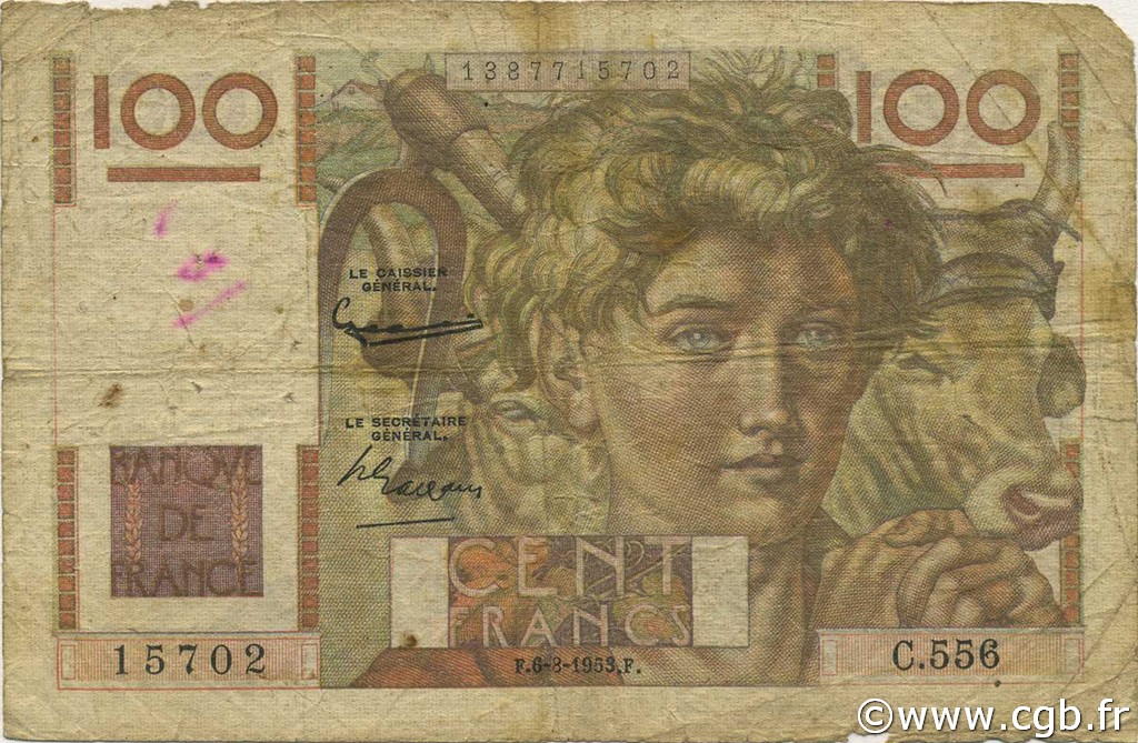 100 Francs JEUNE PAYSAN filigrane inversé FRANCE  1953 F.28bis.02 G