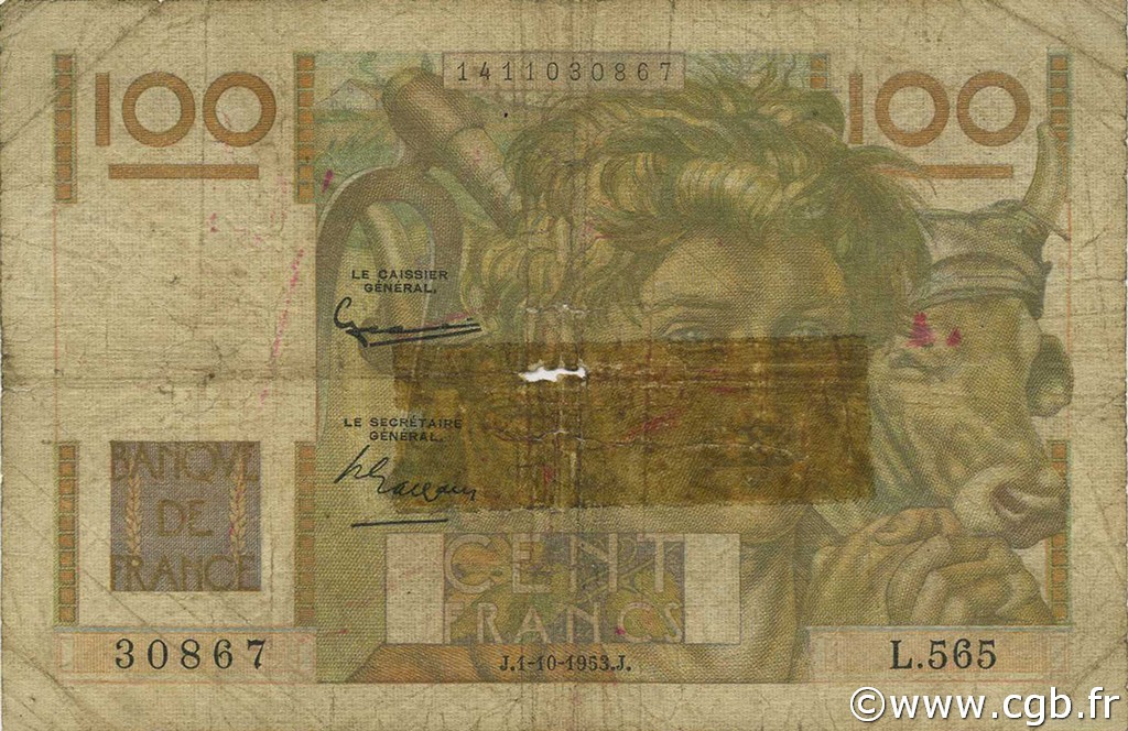 100 Francs JEUNE PAYSAN filigrane inversé FRANCE  1953 F.28bis.03 P