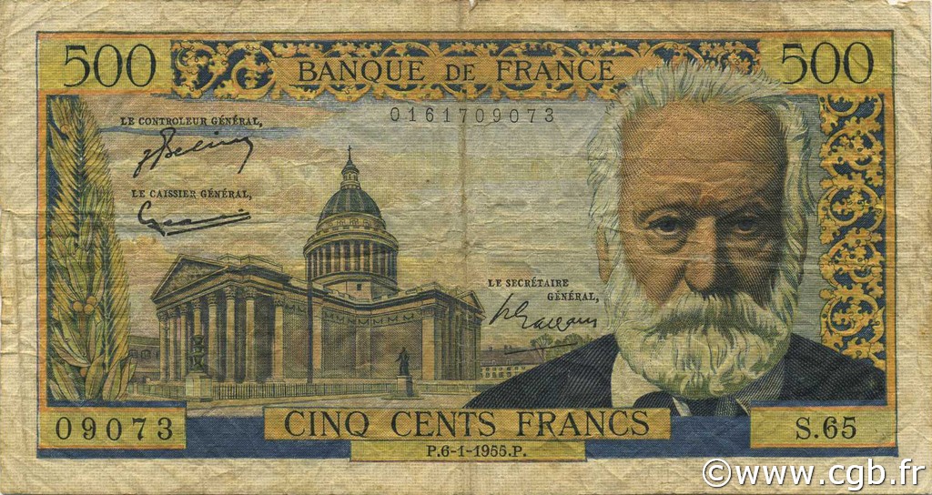 500 Francs VICTOR HUGO FRANCE  1955 F.35.04 B à TB
