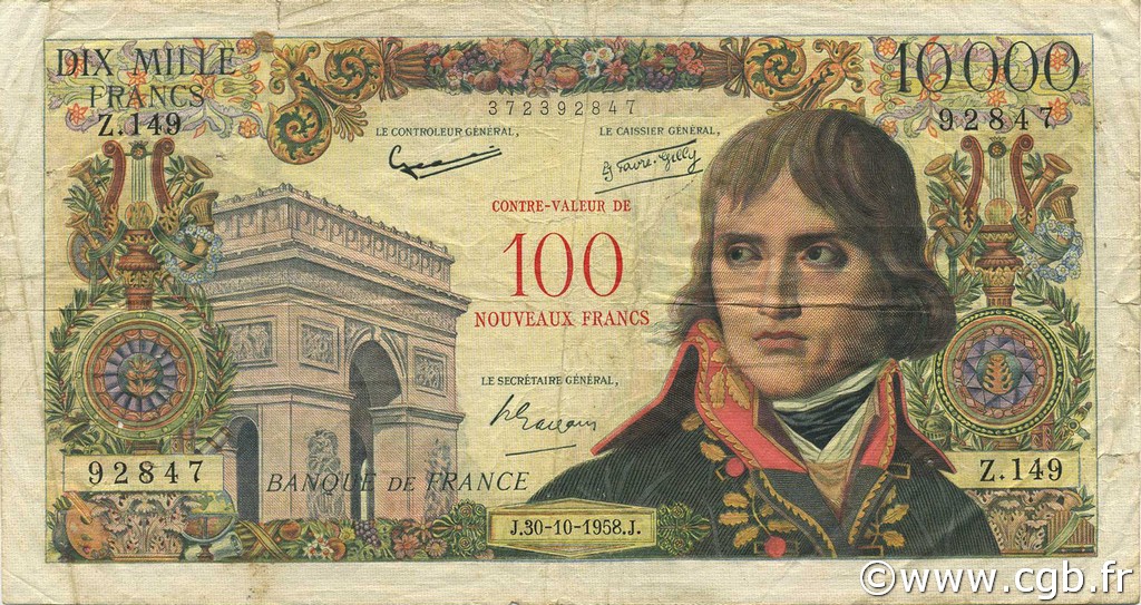100 NF sur 10000 Francs BONAPARTE FRANCIA  1958 F.55.01 RC+