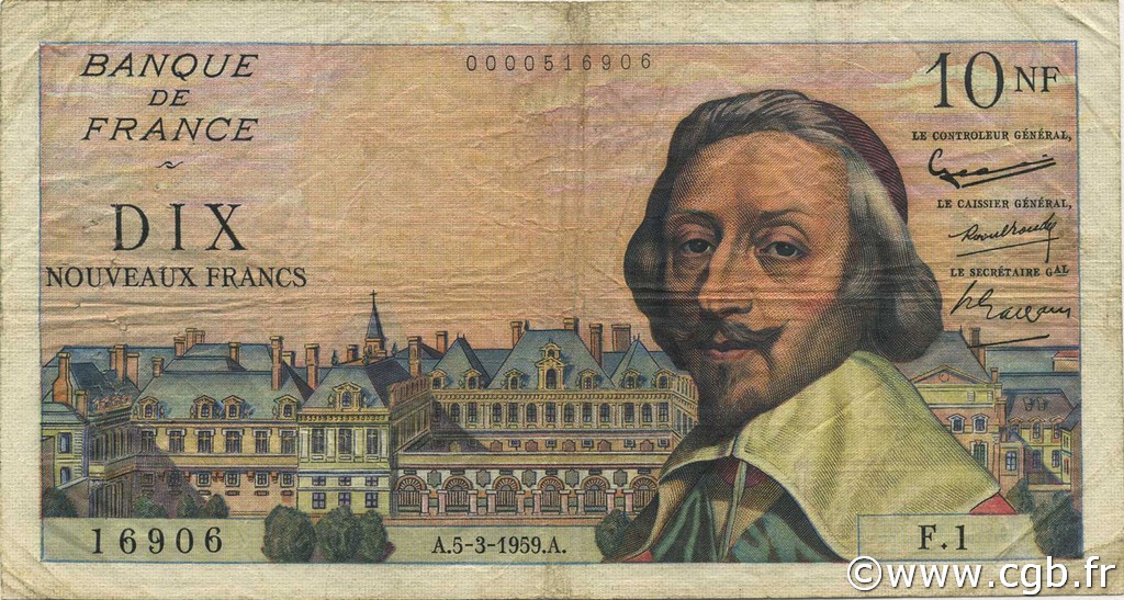 10 Nouveaux Francs RICHELIEU FRANCE  1959 F.57.01 VG