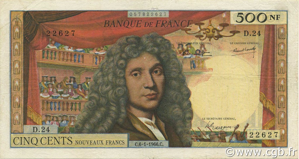 500 Nouveaux Francs MOLIÈRE FRANCIA  1966 F.60.09 BC a MBC
