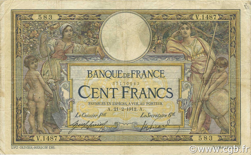 100 Francs LUC OLIVIER MERSON sans LOM FRANCE  1912 F.23.04 F-