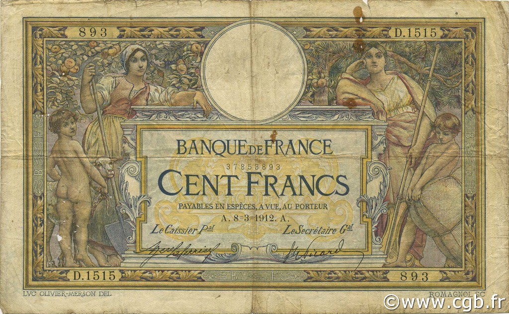 100 Francs LUC OLIVIER MERSON sans LOM FRANCE  1912 F.23.04 G
