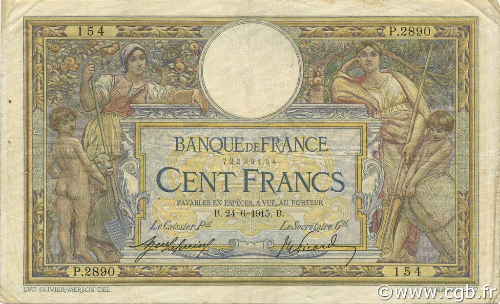 100 Francs LUC OLIVIER MERSON sans LOM FRANCIA  1915 F.23.07 BC