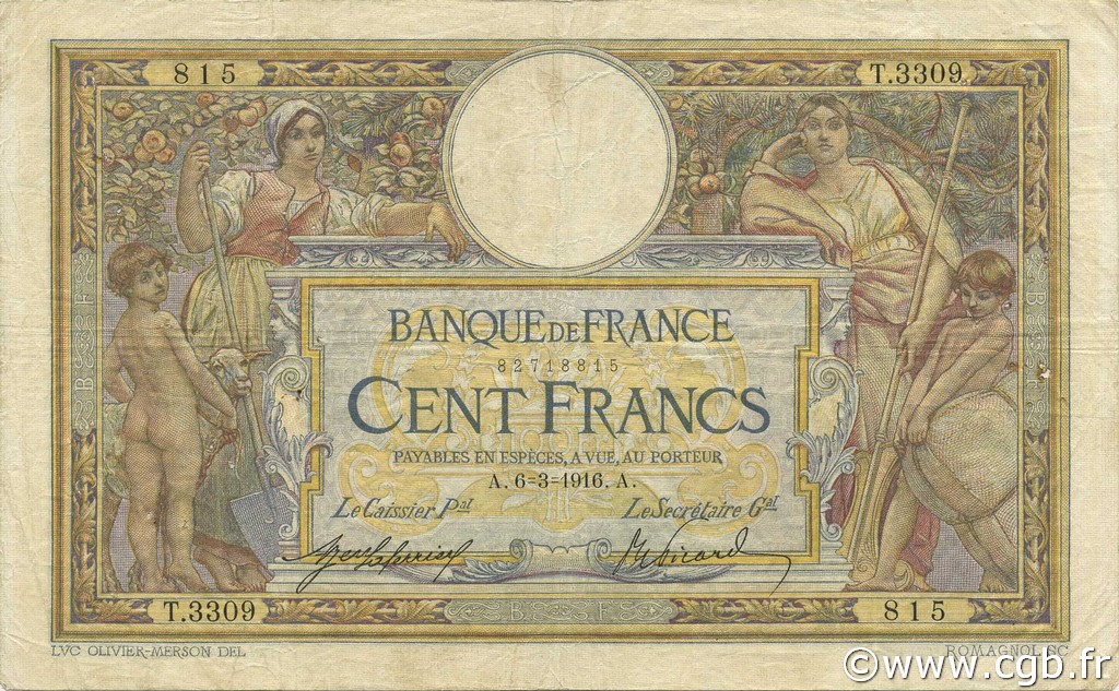 100 Francs LUC OLIVIER MERSON sans LOM FRANCE  1916 F.23.08 VG