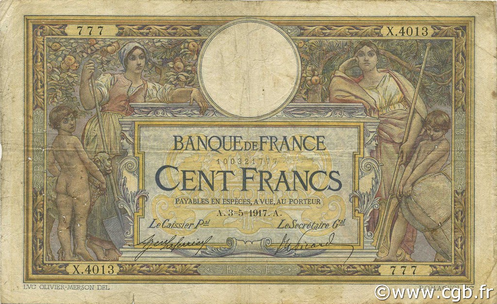 100 Francs LUC OLIVIER MERSON sans LOM FRANCE  1917 F.23.09a B