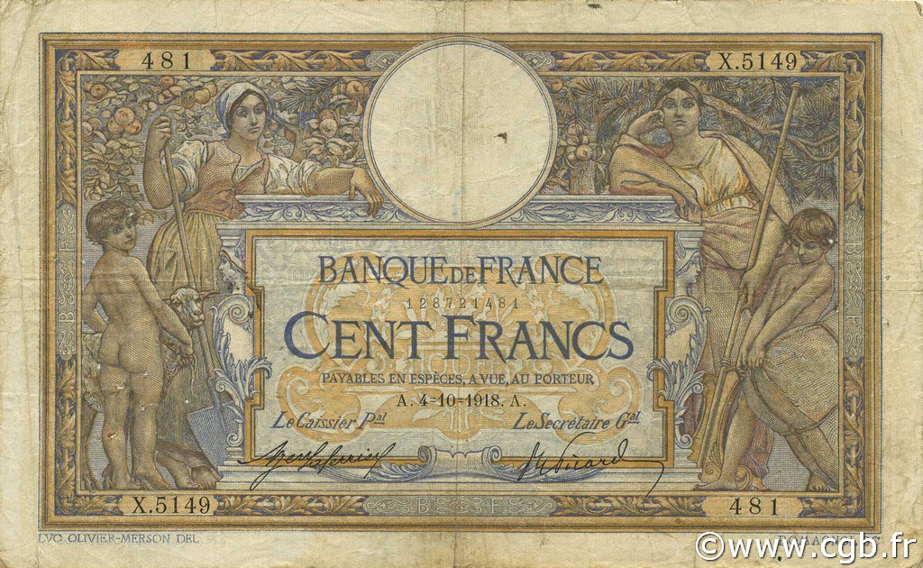 100 Francs LUC OLIVIER MERSON sans LOM FRANCE  1918 F.23.10 VG