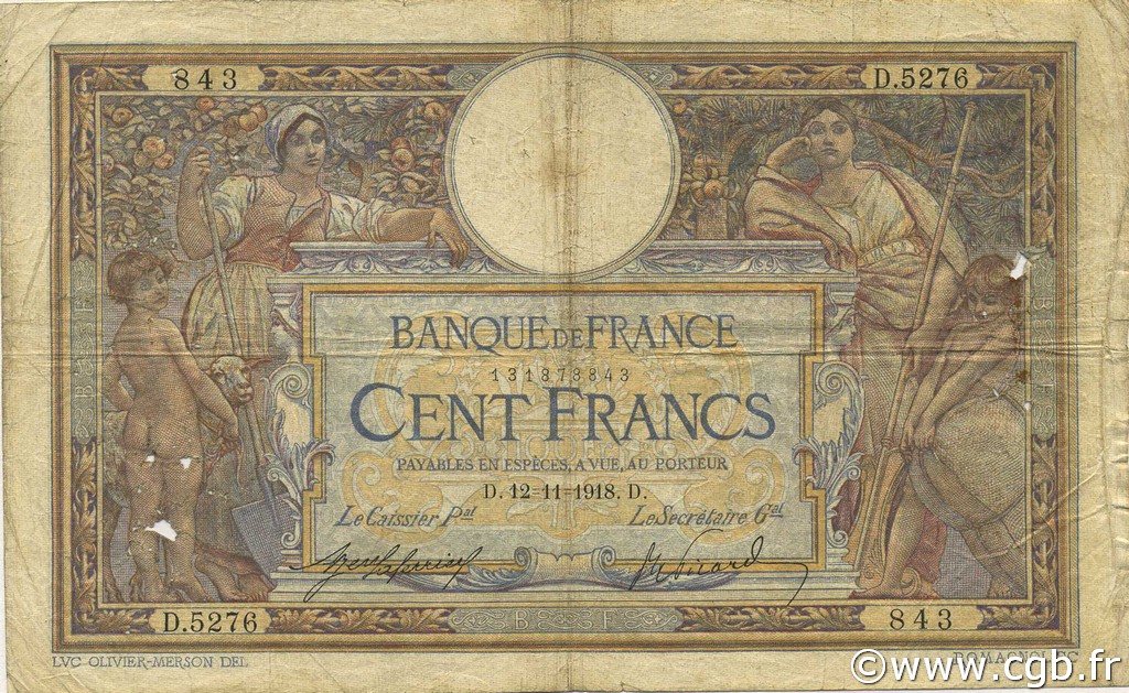 100 Francs LUC OLIVIER MERSON sans LOM FRANCIA  1918 F.23.10 RC+