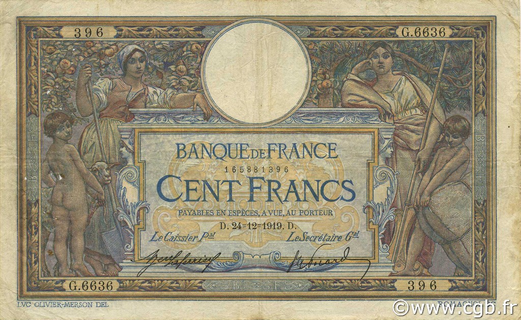 100 Francs LUC OLIVIER MERSON sans LOM FRANCIA  1919 F.23.11 BC