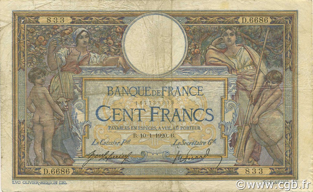 100 Francs LUC OLIVIER MERSON sans LOM FRANCIA  1920 F.23.12 RC+