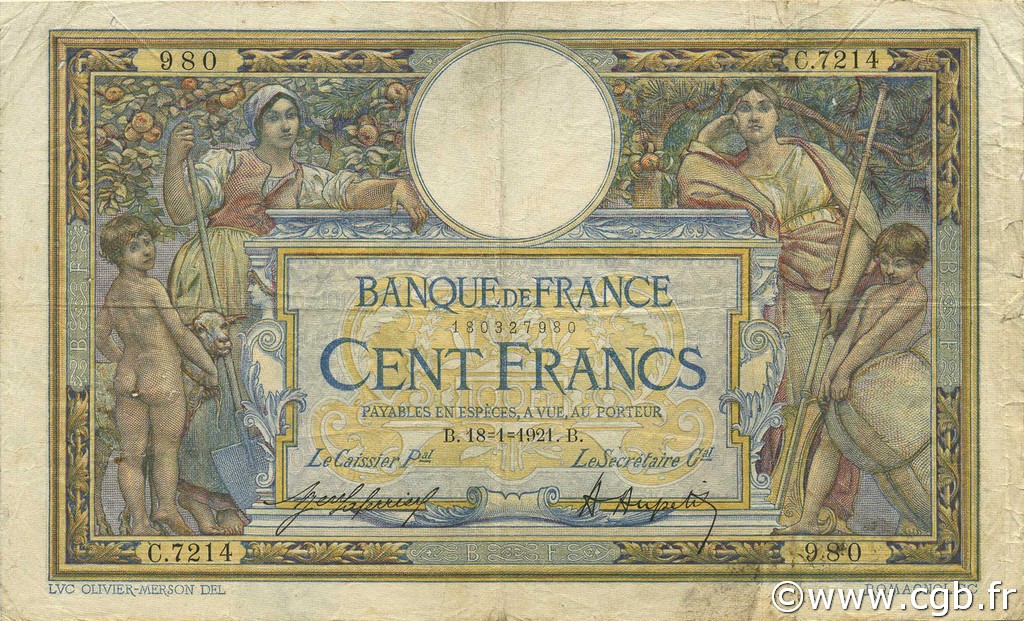 100 Francs LUC OLIVIER MERSON sans LOM FRANCIA  1921 F.23.14 MB