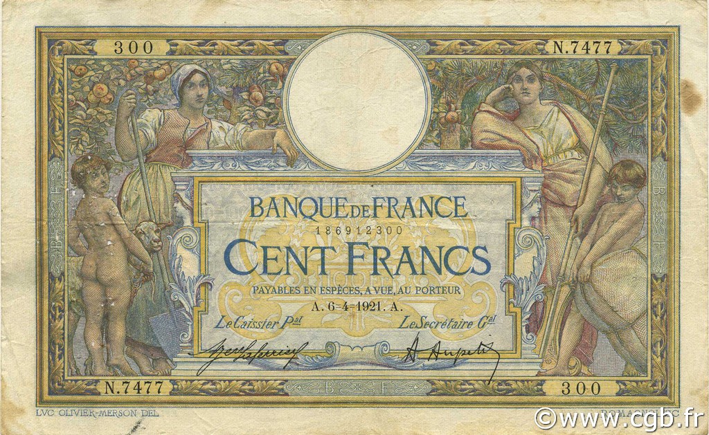 100 Francs LUC OLIVIER MERSON sans LOM FRANCE  1921 F.23.14 B à TB