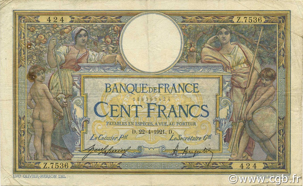 100 Francs LUC OLIVIER MERSON sans LOM FRANCIA  1921 F.23.14 BC+