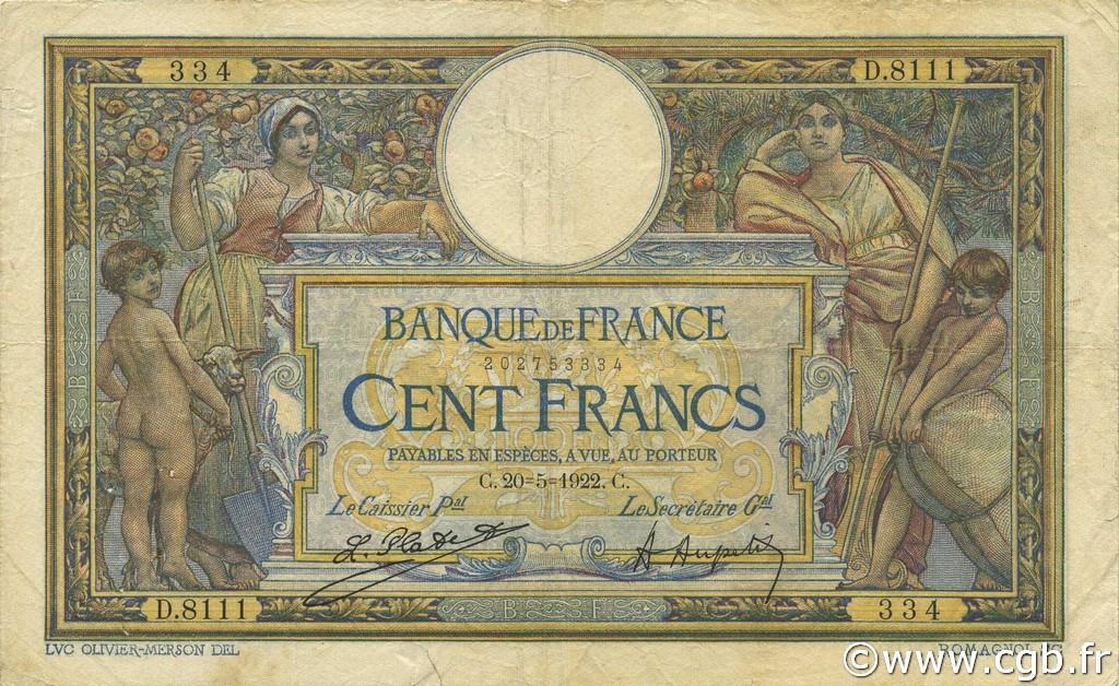 100 Francs LUC OLIVIER MERSON sans LOM FRANKREICH  1922 F.23.15 S