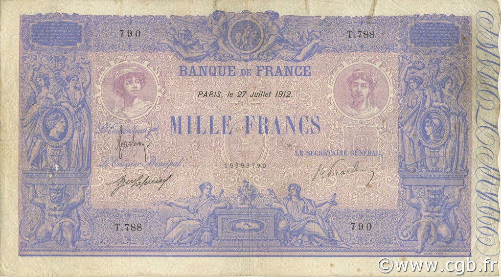1000 Francs BLEU ET ROSE FRANCE  1912 F.36.26 VG