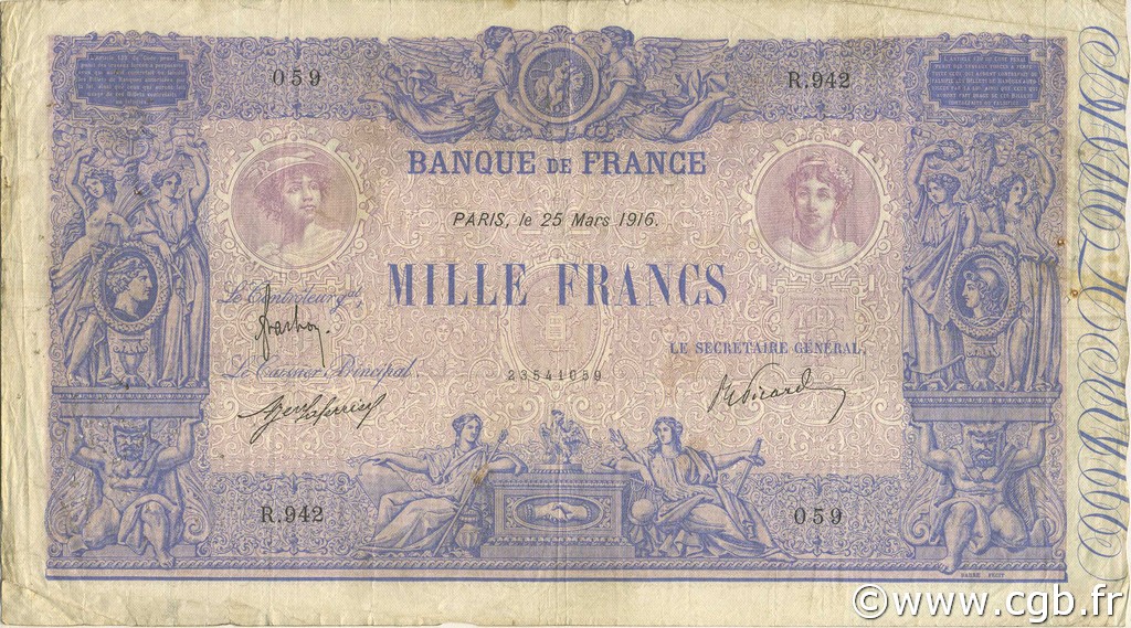 1000 Francs BLEU ET ROSE FRANCE  1916 F.36.30 VG