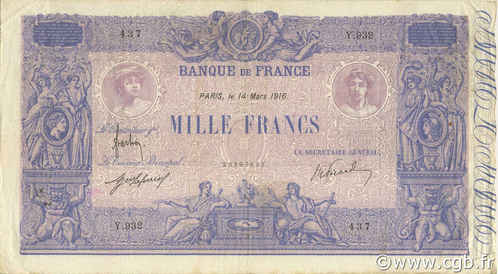 1000 Francs BLEU ET ROSE FRANCIA  1916 F.36.30 BC+