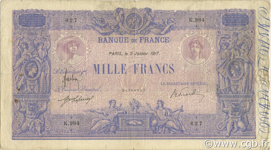1000 Francs BLEU ET ROSE FRANKREICH  1917 F.36.31 fS