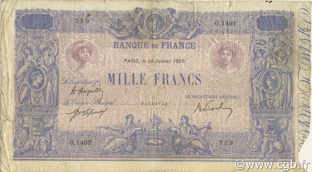1000 Francs BLEU ET ROSE FRANCE  1920 F.36.35 G
