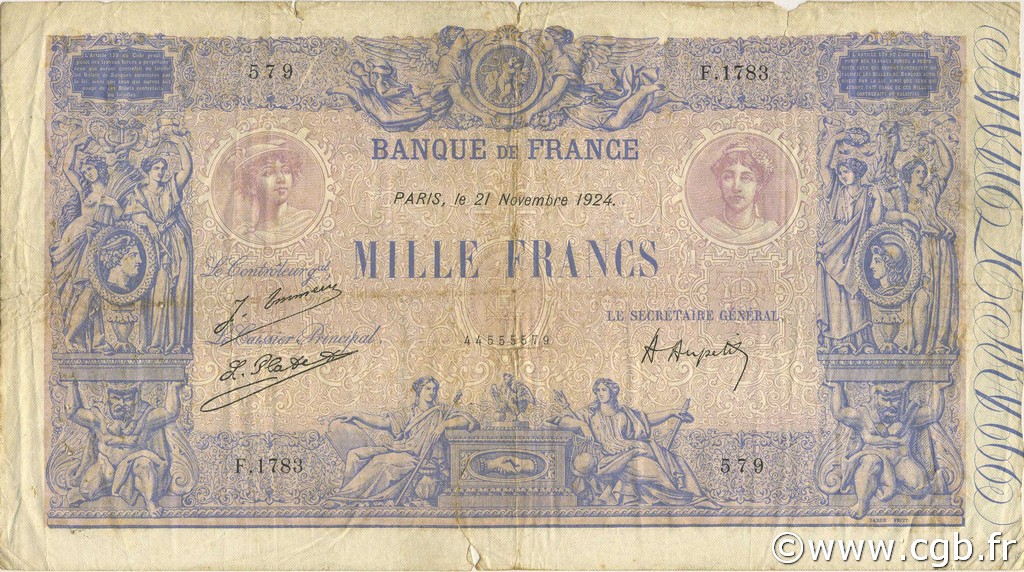 1000 Francs BLEU ET ROSE FRANKREICH  1924 F.36.40 fS