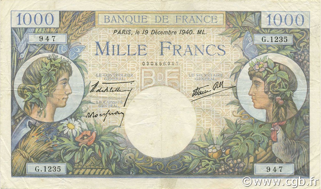 1000 Francs COMMERCE ET INDUSTRIE FRANCE  1940 F.39.03 pr.TTB
