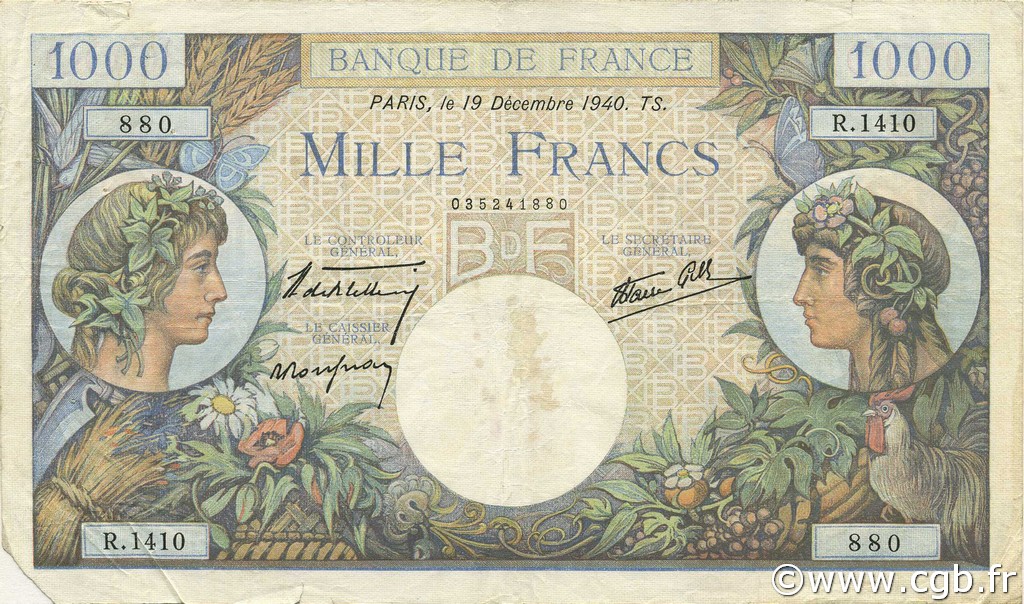 1000 Francs COMMERCE ET INDUSTRIE FRANCIA  1940 F.39.03 BC+