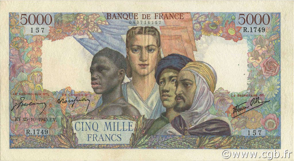5000 Francs EMPIRE FRANÇAIS FRANKREICH  1945 F.47.48 fVZ