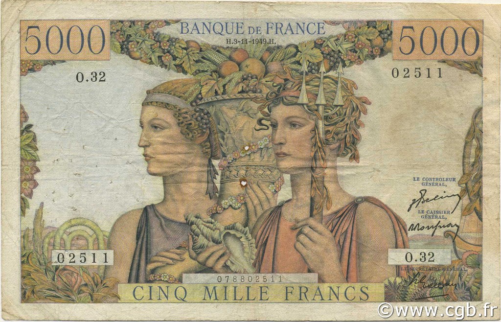 5000 Francs TERRE ET MER FRANCE  1949 F.48.02 VG