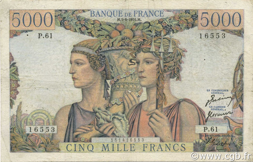 5000 Francs TERRE ET MER FRANCE  1951 F.48.04 VG
