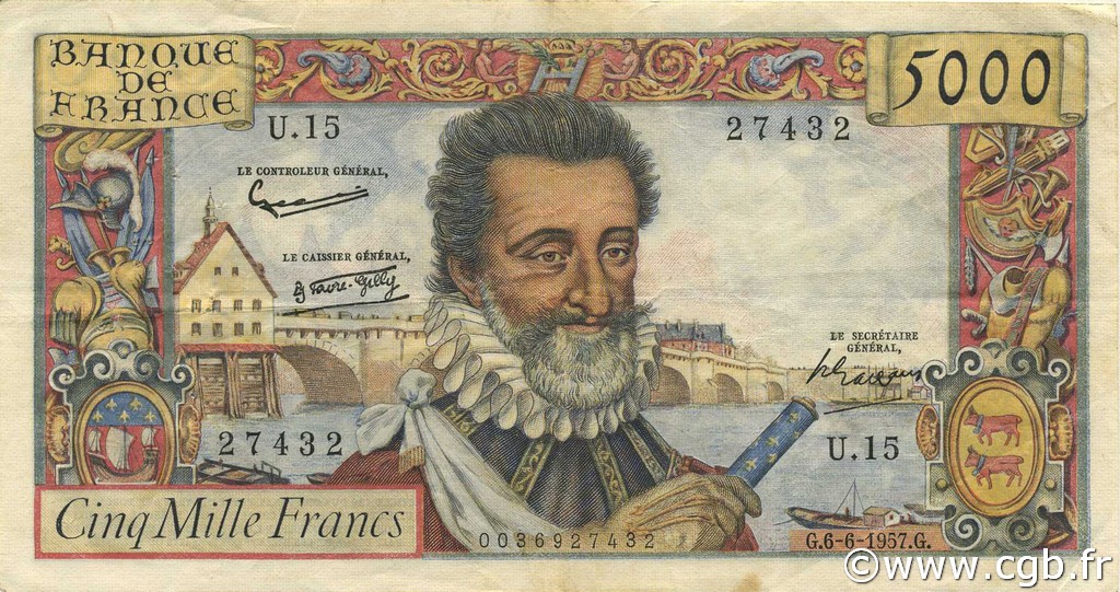 5000 Francs HENRI IV FRANCE  1957 F.49.02 VF