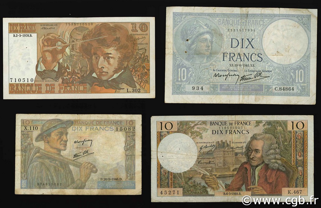 Lot 4 billets BdF : Les 10 Francs au XXe siècle FRANCE  1940 F.07-08-62-63 F