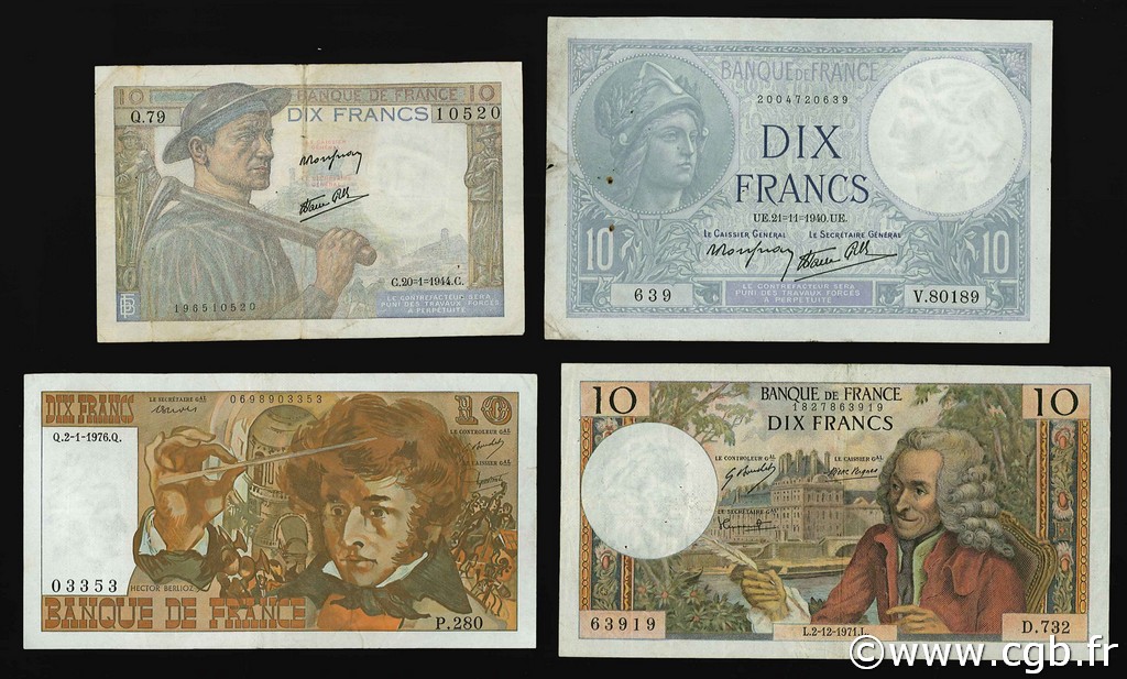 Lot 4 billets BdF : Les 10 Francs au XXe siècle FRANKREICH  1940 F.07-08-62-63 SS