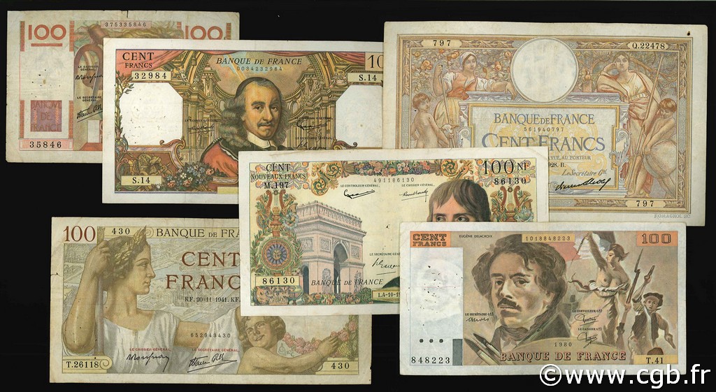 Lot 6 billets BdF : Les 100 Francs au XXe siècle FRANKREICH  1940 F.25-26-28-59-65-69 S