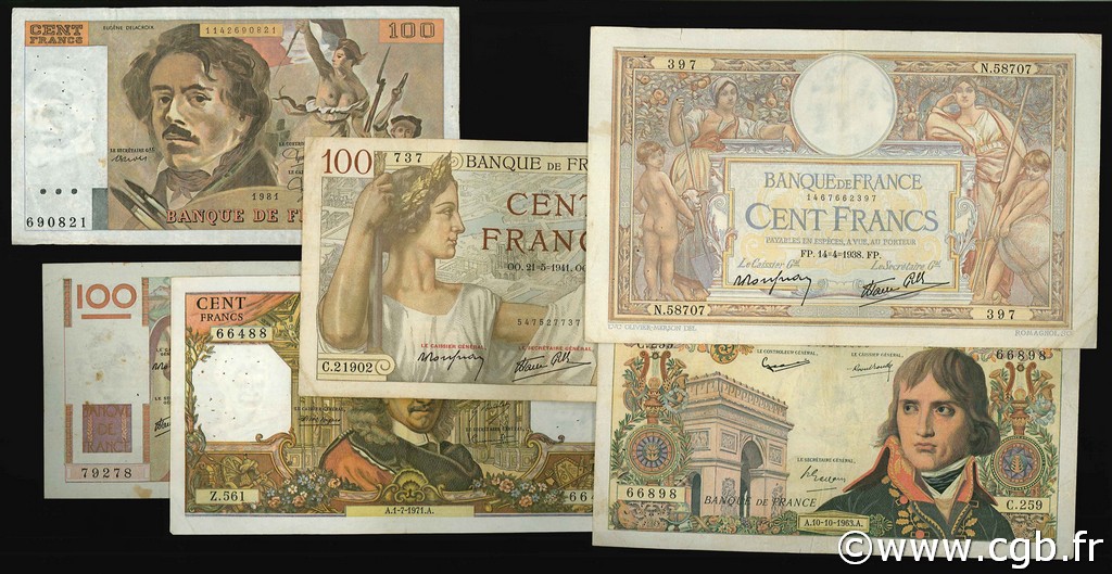 Lot 6 billets BdF : Les 100 Francs au XXe siècle FRANCIA  1940 F.25-26-28-59-65-69 MBC