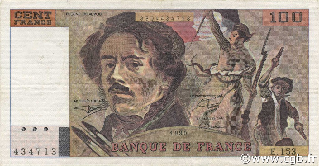 100 Francs DELACROIX imprimé en continu FRANCE  1990 F.69bis.02a VF+