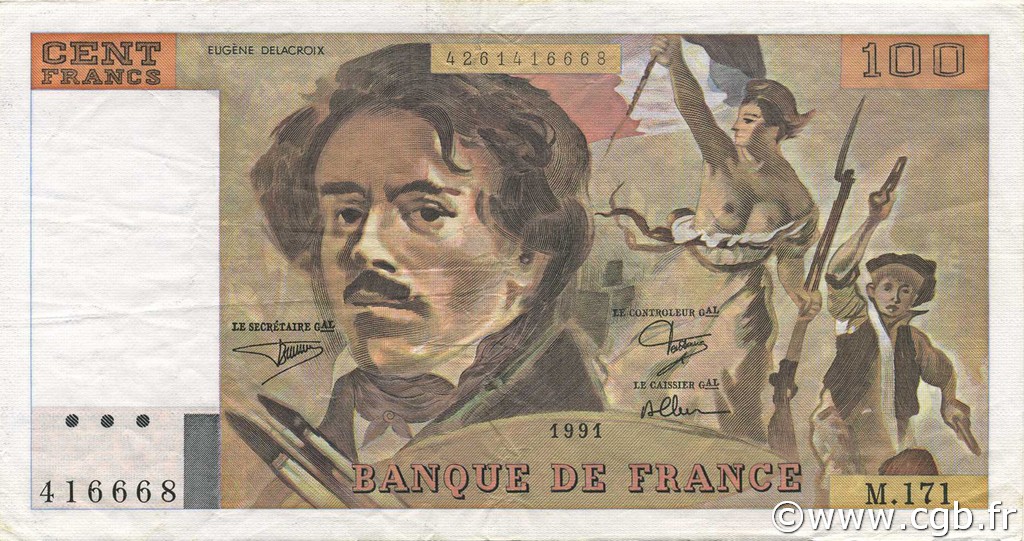 100 Francs DELACROIX imprimé en continu FRANCE  1991 F.69bis.03a2 VF+