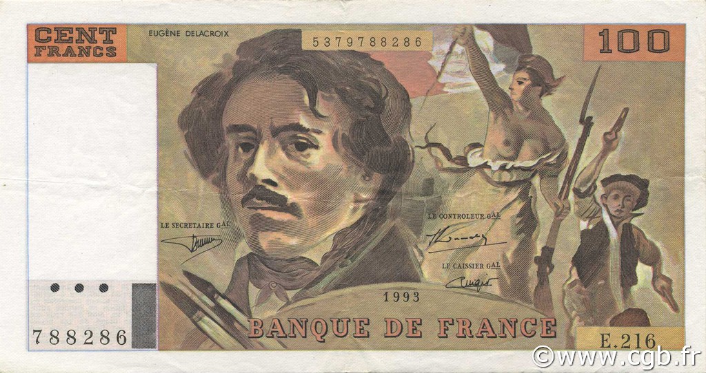 100 Francs DELACROIX imprimé en continu FRANCE  1993 F.69bis.05 XF-