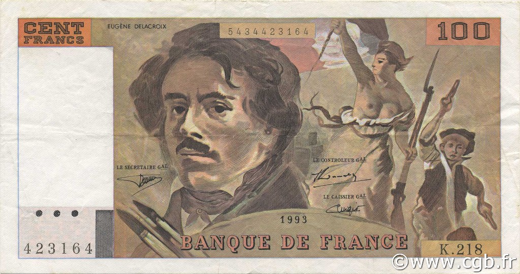100 Francs DELACROIX imprimé en continu FRANCIA  1993 F.69bis.05 MBC