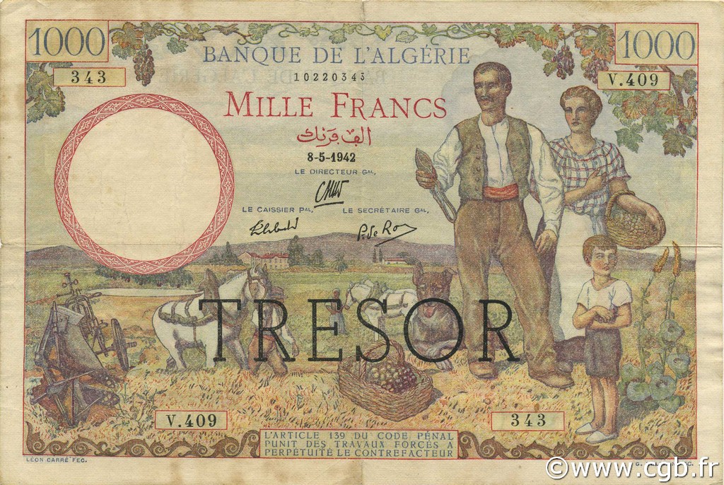 1000 Francs ALGÉRIE FRANCIA  1943 VF.10.01 BB