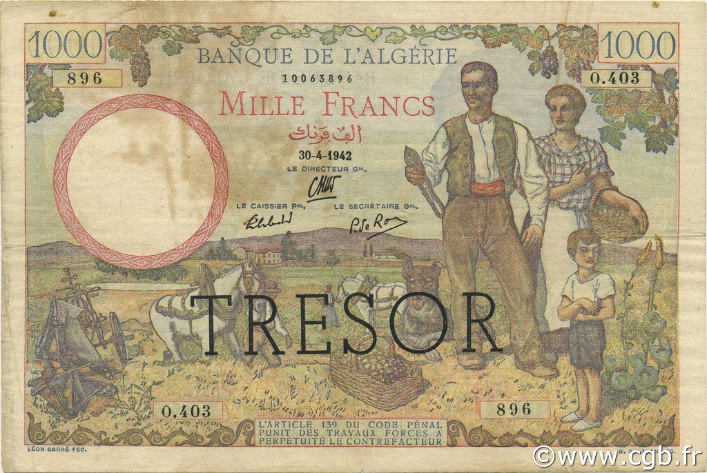 1000 Francs ALGÉRIE FRANCIA  1943 VF.10.01 BC+